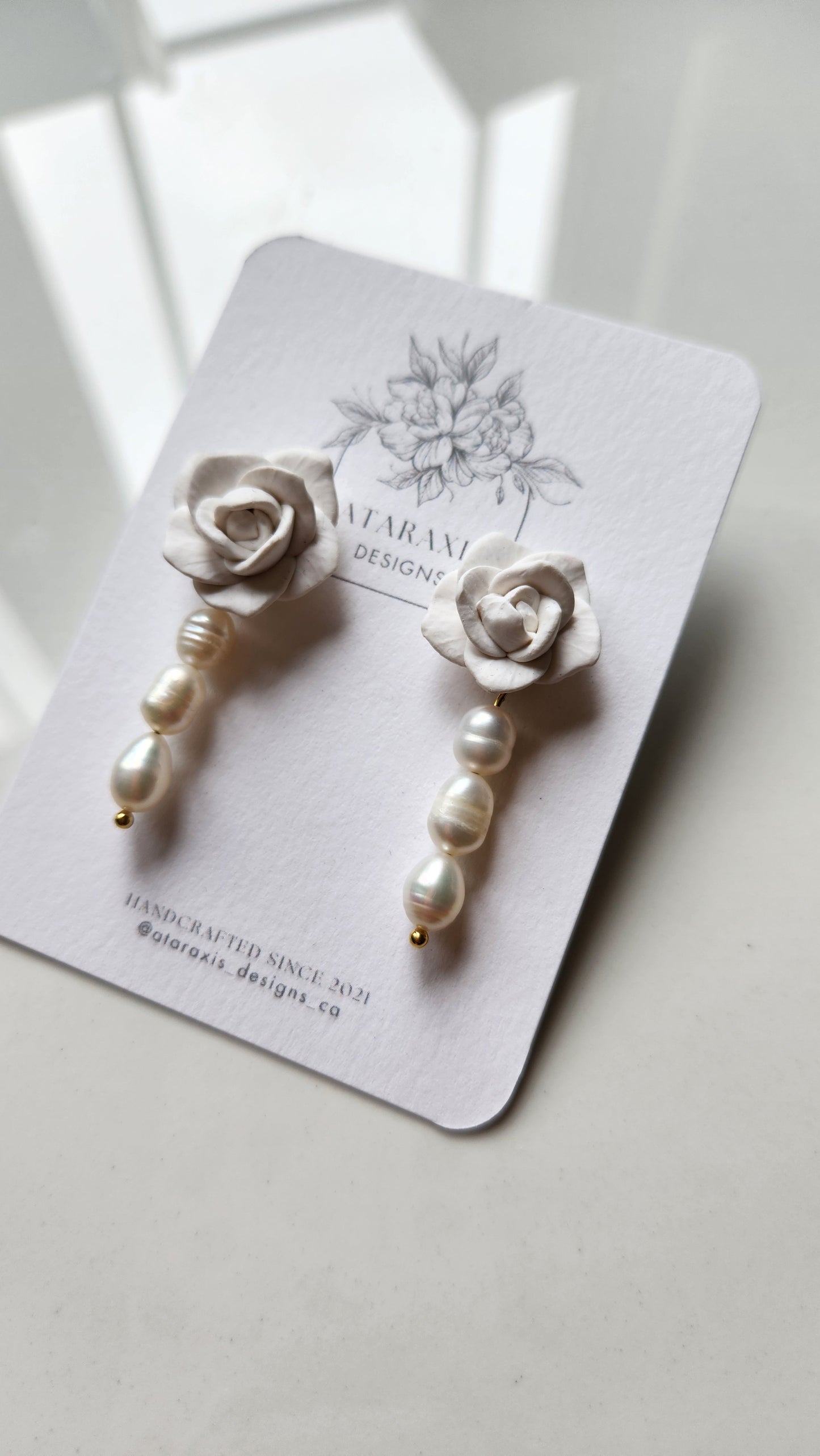 White rose studs (real freshwater pearls)