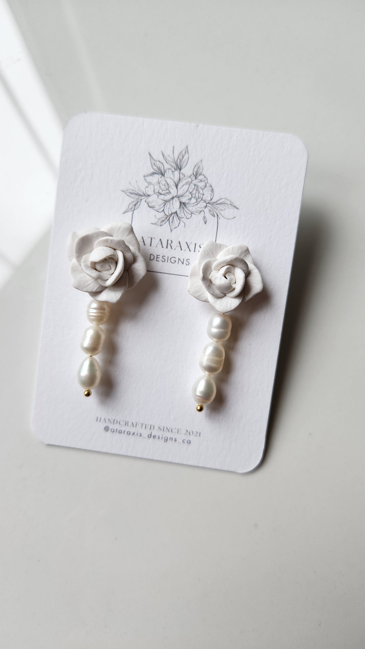White rose studs (real freshwater pearls)