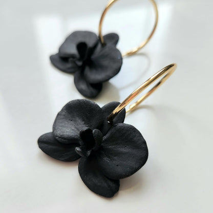 Black Orchid Hoop Earrings