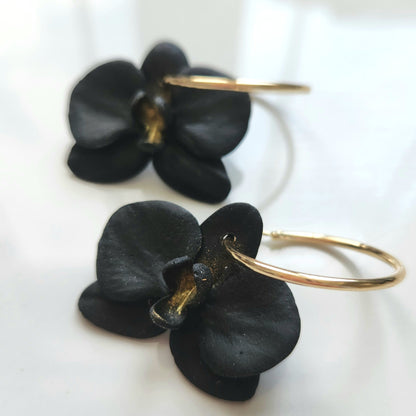 Black Orchid Hoop Earrings