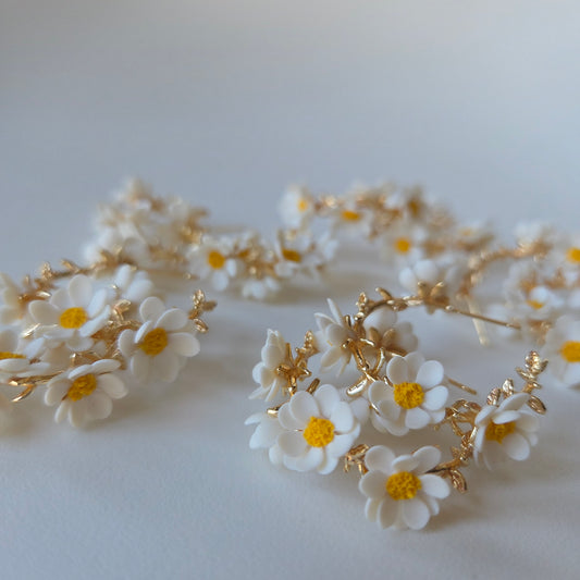 Necklace with white flowers and gold accents on a light background