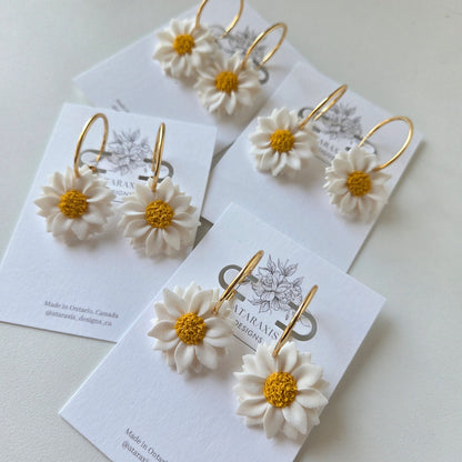 Floral earrings on branded card with white background