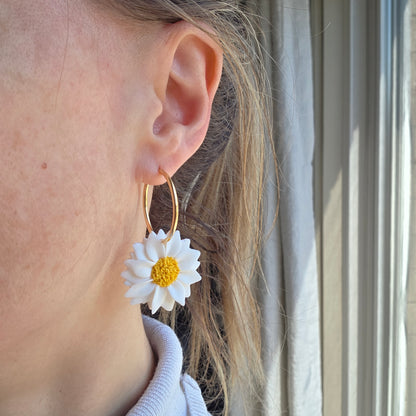 Gold hoop earring with a white flower design worn by a person.