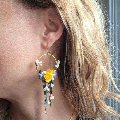Close-up of an ear wearing a floral earring with yellow flower and green leaves.