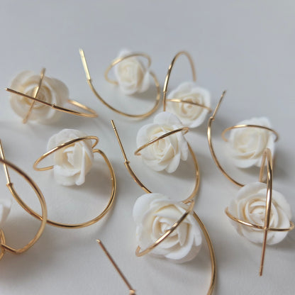 Gold hoop earrings white roses on a light gray background rose handmade