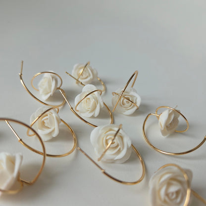 Gold wire hoop earrings with white roses 14K gold