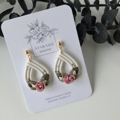Pair of earrings on a card with floral design, displayed on a white background.