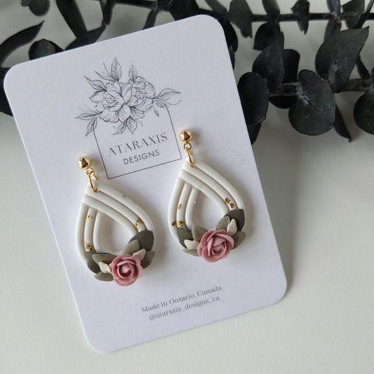Pair of earrings on a card with floral design, displayed on a white background.