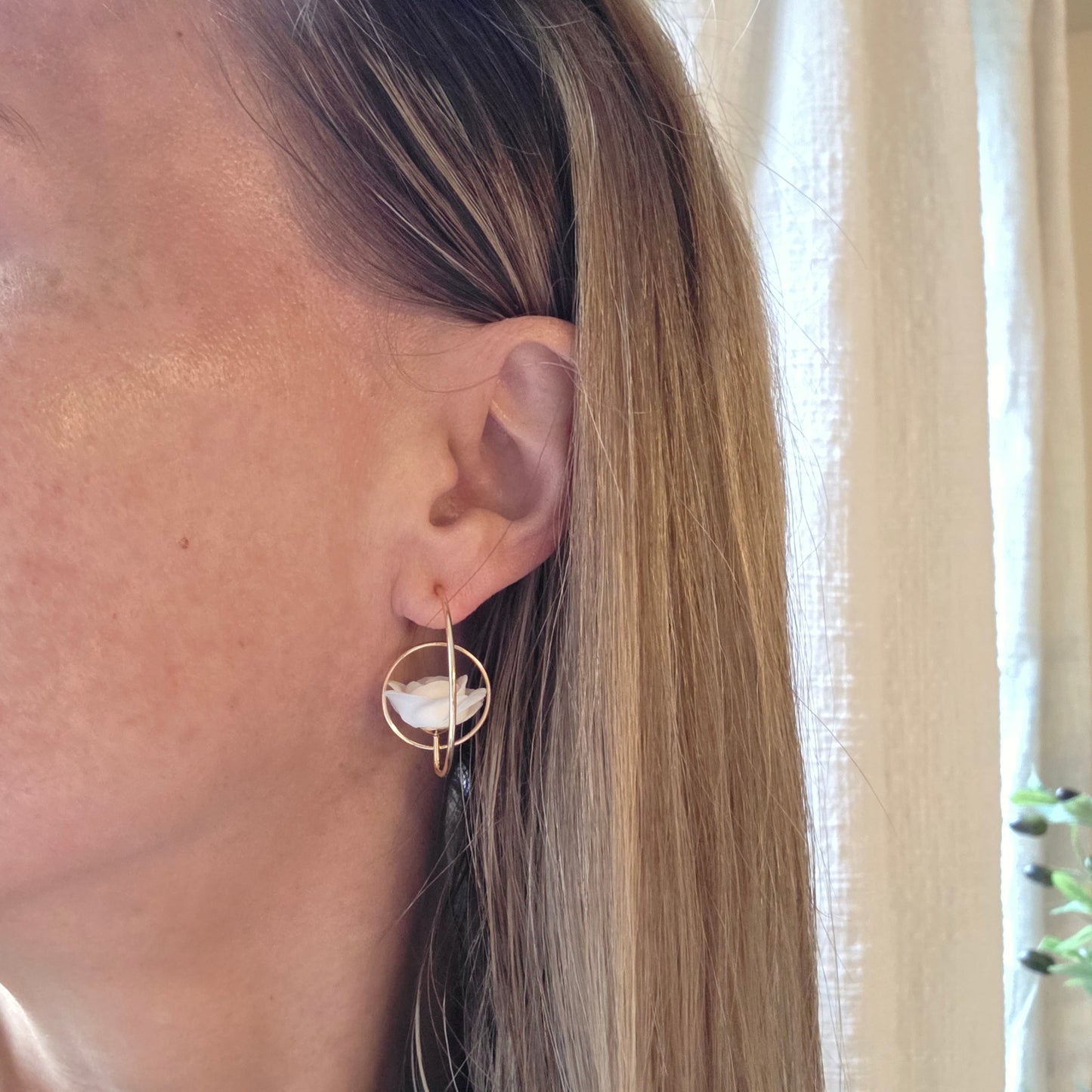 White Rose Hoop Earrings